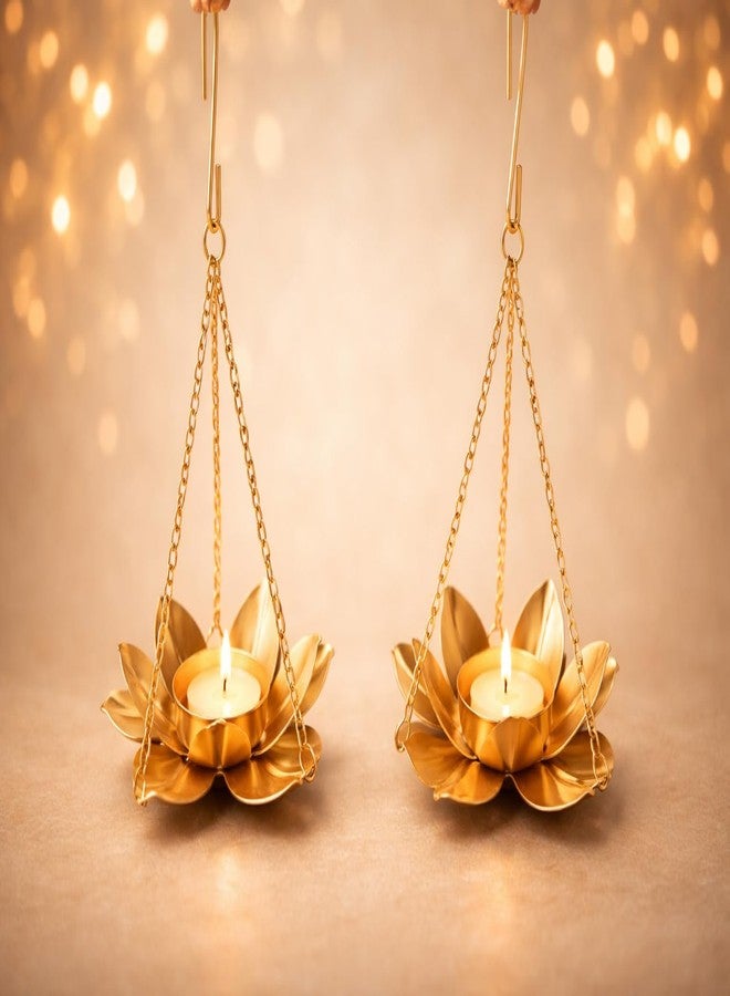 AGAAS ENTERPRISES Metal Lotus Hanging Tealight Candle Holder Set of 2 with Chain | Decorative Hanging Diya for Diwali, Pooja Room, Home, Wedding & Festive Gifting - Image 1
